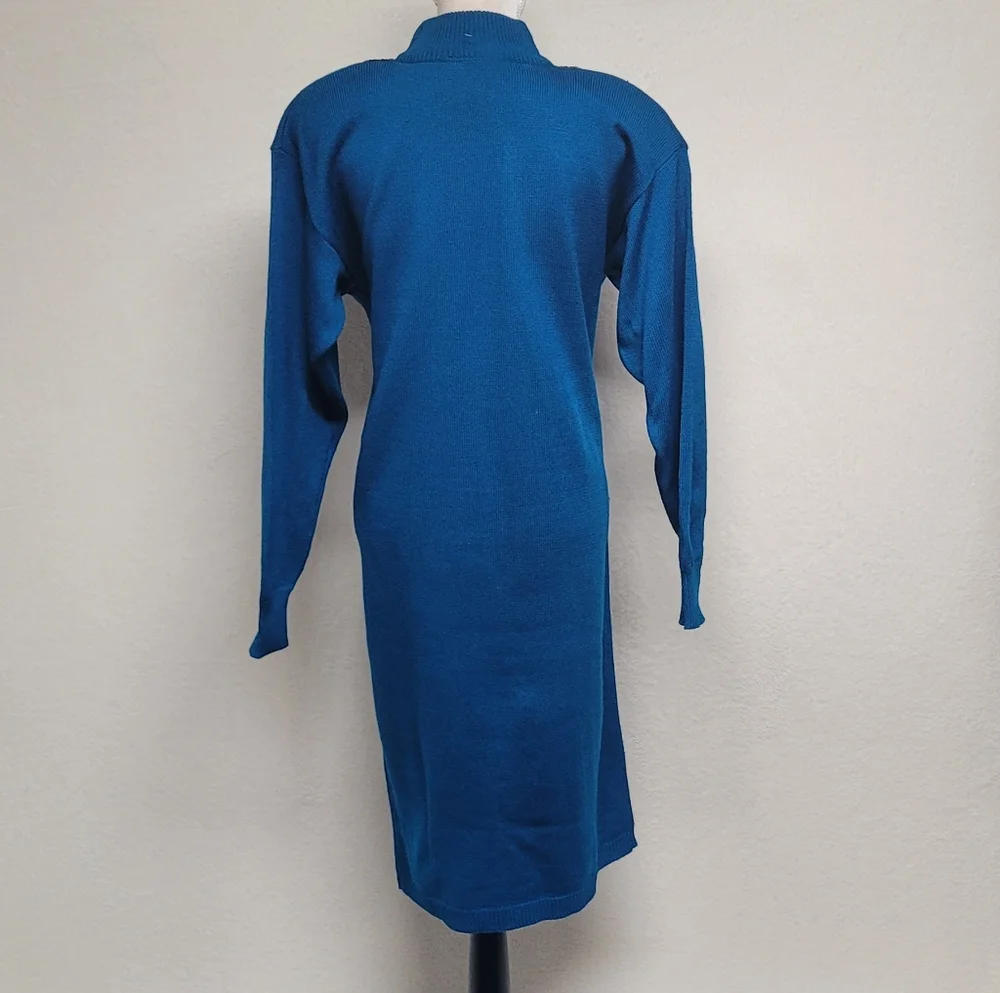 Deadstock Vintage 70s Darian Teal Sequin Starburst Mockneck Midi Sweater Dress M - Picture 8 of 12